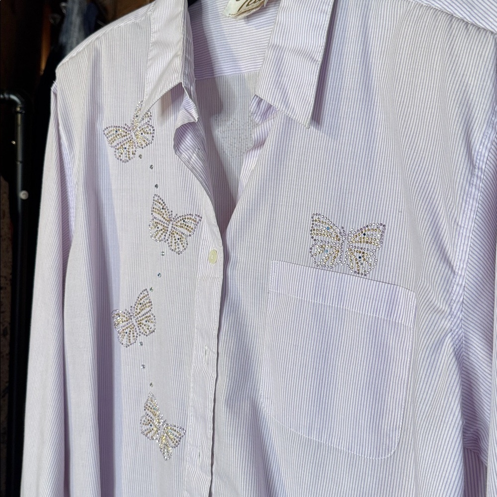 Tia Designs Lavender Stripe Button-Down Shirt with Rhinestone Butterfly Accents